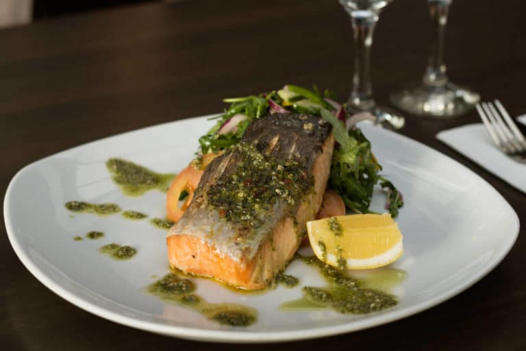 Freshly prepared salmon dish from the Lodge restaurant Dun Laoghaire