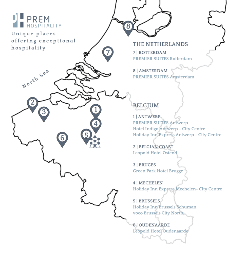 map of hotels within the PREM Hospitality Group showing Belgium and the Netherlands